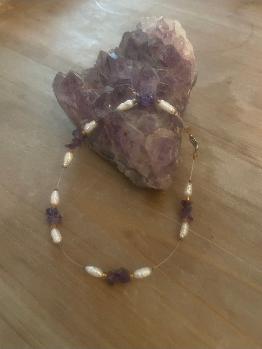 Hand Crafted Amethyst Chip and White Pearl Anklet. Hawaiian